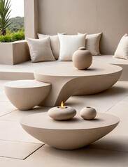 Minimalistic Zen Patio - Sculptural furniture and sustainable materials in a soft and airy interior setting Gen AI - 729734367