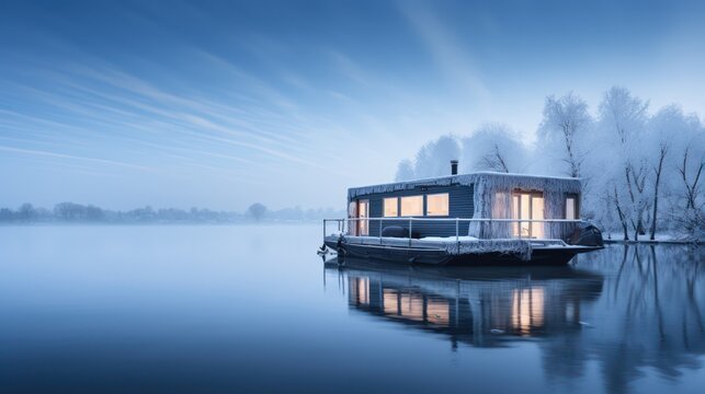 A Stunning blue hour photo of a houseboat on a clear winter morning on the lake.