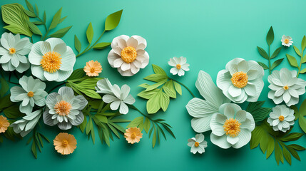beautiful blooming flowers on green paper background