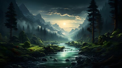 fantasy illustration of a misty valley with ethereal lighting