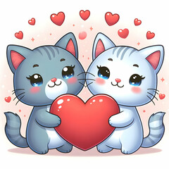A cute cartoon couple of cats in love with heart for Valentines day greeting card, clipart