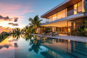 Fototapeta na wymiar Exterior of modern minimalist cubic villa with swimming pool at sunset
