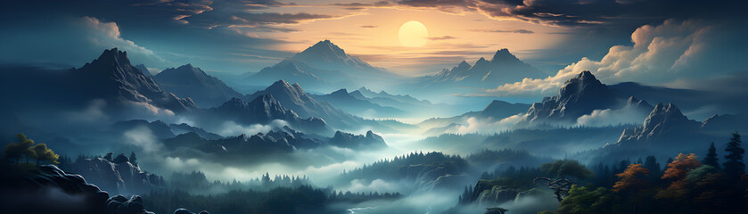 fantasy illustration of a misty valley with ethereal lighting