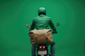 greeb shirt rider Ready for fast food delivery with online applications - obrazy, fototapety, plakaty