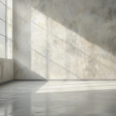 concrete walls, grey floor with light and soft skylight from window. Background with copy-space.