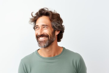 Portrait of handsome man with beard and mustache on white background.