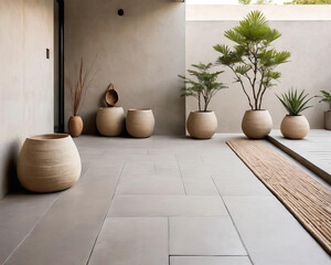 Asian Minimalism - Professional close-up photo of a patio with eco-friendly and bohemian minimalistic design Gen AI - 729735328