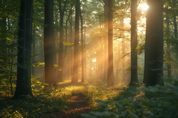 Fototapeta premium Incorporate sun rays into the greenery, capturing the energy of a beautiful woodland in the morning...