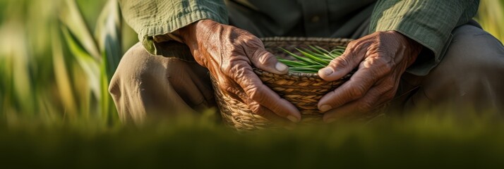 The hands of A Portrait of a farmer wearing a wicker hat outdoors, daylight, flash light, farmer's skin details, green rice field background.