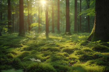 Obraz premium Incorporate sun rays into the greenery, capturing the energy of a beautiful woodland in the morning...