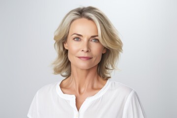 Portrait of a beautiful mature woman with natural make-up on grey background