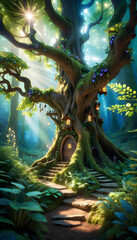 Naklejka premium Fairy Forest. Enchanted. Magical. Woodland. Fantasy. Fairytale. Mystical. Whimsical. Nature. Greenery. Scenic. Fairyland. Forest Glade. Ethereal. Wooded Realm. AI Generated.