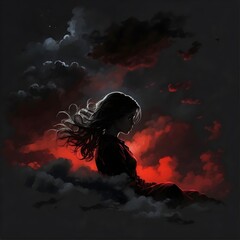 Silhouette, a girl sleeping in the clouds, moody sad dark atmosphere, black background, dark paintbrush, Red over black, 2D Generative AI
