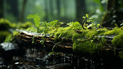 Rain-soaked moss on a tree trunk highlights the lushness and vitality of forest ecosystems