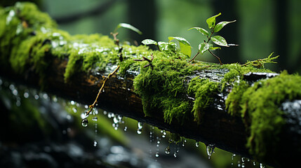 Fototapeta na wymiar Rain-soaked moss on a tree trunk highlights the lushness and vitality of forest ecosystems