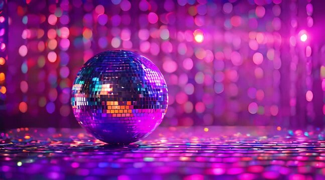 A vibrant disco ball spins, casting a multitude of colorful lights across the nightclub, creating an energetic party atmosphere