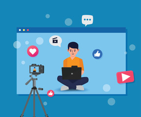 Content Creators Illustration Vector Template, Blog Advertising Content Creativity Marketing Elements. Character live Video Stream.