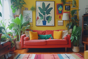 A colorful and eclectic living room inspired by mid-century modern design, with vintage pieces mixed with contemporary art and bold pops of color, with many plants