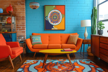 A colorful and eclectic living room inspired by mid-century modern design, with vintage pieces mixed with contemporary art and bold pops of color