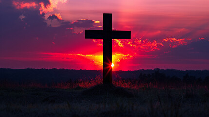 Religious Cross Silhouette in a Vibrant Sunset - Representing the Cross, Religious Faith. and the Power of Redemption