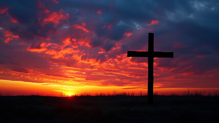 Religious Cross Silhouette in a Vibrant Sunset - Representing the Cross, Religious Faith. and the Power of Redemption