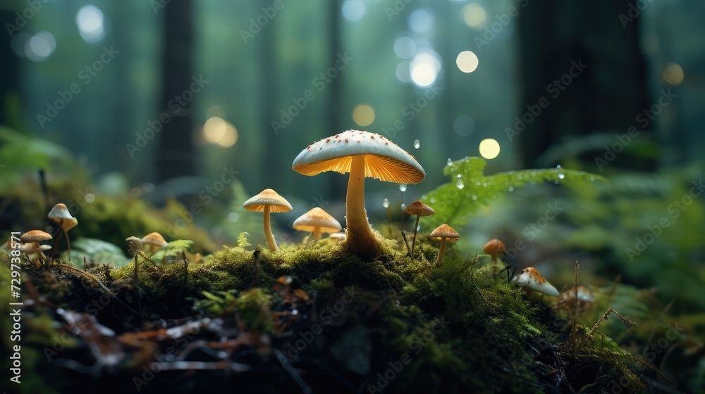 Wall mural a selective shot of a mushroom grown in the forest