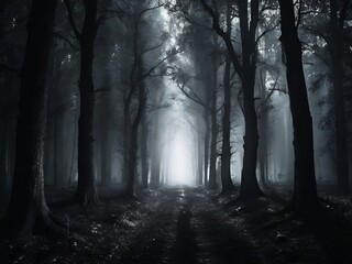scary forest road view. tree silhouette in the dark. horror style illustration, mystical. background for poster, banner, web, social media. ai generative design