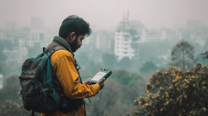 Man with backpack using tablet on a misty urban overlook, symbolizing digital connectivity in a...