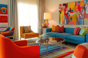 A colorful and eclectic living room inspired by mid-century modern design, with vintage pieces mixed with contemporary art and bold pops of color