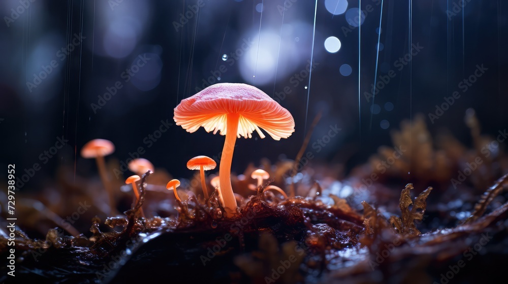 Sticker glowing tiny mushroom macro photograph