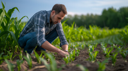 Conscientious farmer examining young corn plants in a field during early growth stages, representing sustainable agriculture practices, background with a place for text