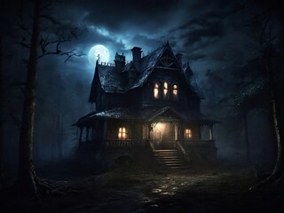 Obraz premium mysterious scary house at night. horror style illustration, mystical. background for poster, banner, web, social media. ai generative design