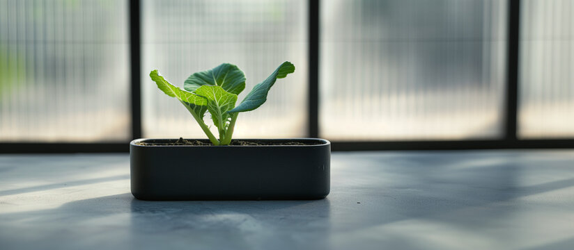 Green cabbage sapling in a modern black planter on a window sill, backlit by natural daylight, symbolizing urban gardening and sustainable living, background with a place for text