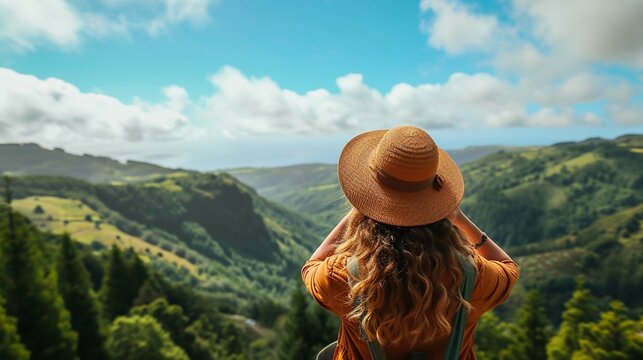 woman traveller holding hat and looking at a mountain