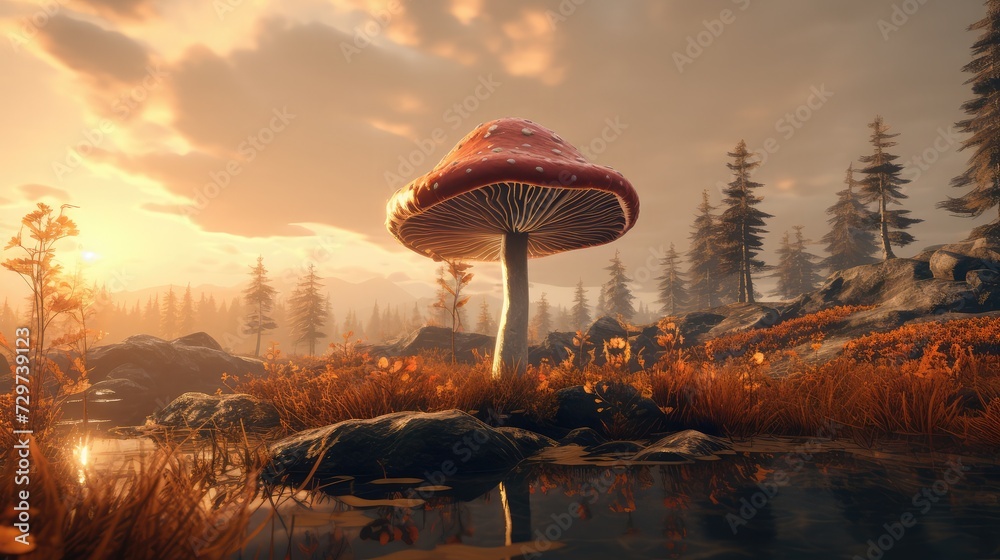 Poster lonely autumn mushroom at dawn