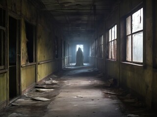 abandoned building with a scary ghost inside. horror style illustration, halloween design. background for poster, banner, web, social media. ai generative design