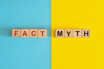 Fact versus myth information concept. Wooden blocks typography in bright blue and yellow...