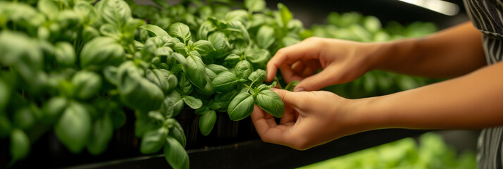 Close-up of hands gently picking fresh basil leaves from an indoor garden, symbolizing sustainable living and urban farming, background with a place for text