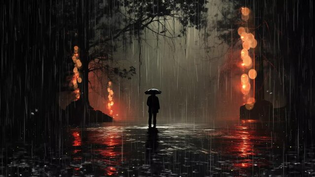 heavy rain. night city in heavy rain with a man using umbrella. seamless looping overlay 4k virtual video animation background 