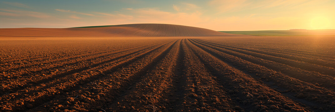 Tranquil sunset over a plowed agricultural field with rich soil textures and long shadows, depicting the peacefulness of farmland at dusk, background with a place for text