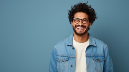 A Cheerful Arab man wearing a jacket and glasses has a snowy white smile, pointing his finger sideways at copy space for your text advertisement. - obrazy, fototapety, plakaty