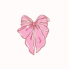 Hand drawn large pink ribbon bow,vintage style,chiffon bow clips vector. Coquette soft style