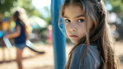 Obraz premium A young girl at the playground fearfully looking over her shoulder as she sees her bullies approaching.