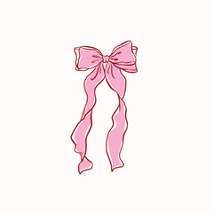 Hand drawn large pink ribbon bow,vintage style,chiffon bow clips vector. Coquette soft style