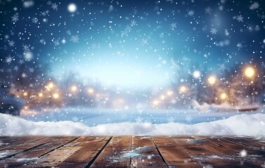 Snow-Covered Table, Creating a Tranquil Winter Background in the Silent Night. Made with Generative AI Technology