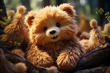 extremely detailed teddy bear, dark brown, fluffy furr, colorful, sharp focus, happy face, cute big shiny eyes, very cute plushie - obrazy, fototapety, plakaty