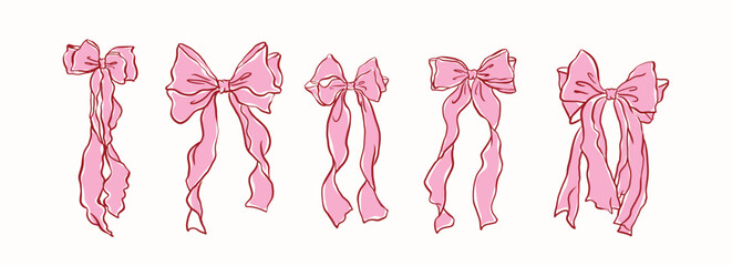 Hand drawn large pink ribbon bow collection, ,vintage style,chiffon bow clips vector. Coquette soft style