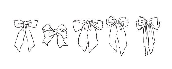 Hand drawn large  ribbon bow collection, ,vintage style,chiffon bow clips vector. Coquette soft style