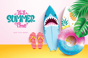 Summer time greeting text vector design. It's summer time text with floaters, shark and pineapple surfboard beach decoration elements for tropical seasonal background. Vector illustration summer time 