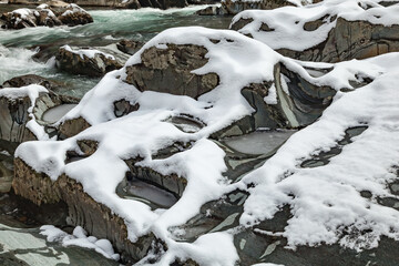 Ice and Snow on Little Pigeon River in Great Smoky Mountains - 729741523
